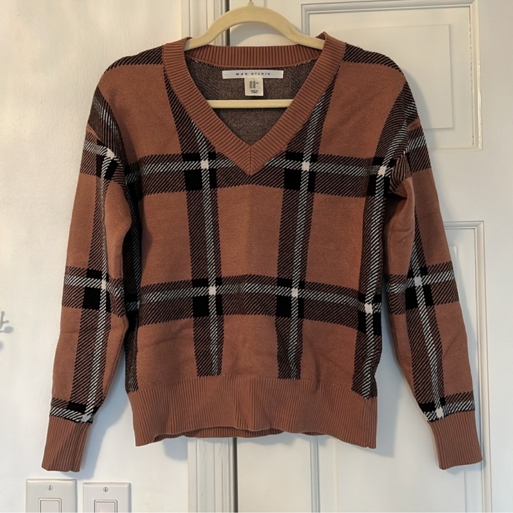 Max Studio Plaid Sweater Brown XS